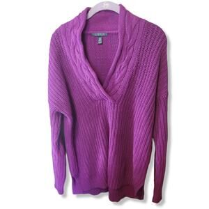 Ralph Lauren Purple Long Chunky Knit Shawl Cotton Sweater women's oversized M